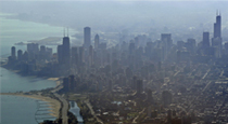 Film still, snapshot of Clouds Fly West (2010). Bird's eye image of Chicago, USA.